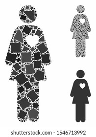 Mistress mosaic of joggly items in different sizes and color tones, based on mistress icon. Vector ragged items are composed into mosaic. Mistress icons collage with dotted pattern.