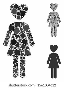 Mistress mosaic of trembly pieces in variable sizes and color tints, based on mistress icon. Vector tremulant pieces are grouped into collage. Mistress icons collage with dotted pattern.