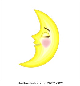 The mistress of the night is the moon. The cartoon moon sleeps in the sky and smiles in a dream. Suitable for children's fairy tales. Vector illustration.