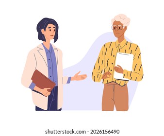 Mistrust and distrust in business concept. Businesswoman hesitating and doubting about partner's offer. Businessperson beware of cheating colleague. Flat vector illustration isolated on white