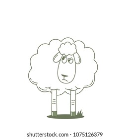 Mistrustful sheep looking at someone. Outlined vector illustration.