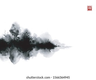 Misty black island with forest trees. Traditional oriental ink painting sumi-e, u-sin, go-hua. Hieroglyph - clarity