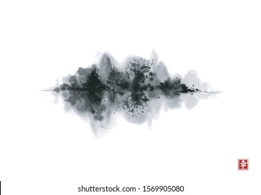 Misty black island with forest trees. Traditional oriental ink painting sumi-e, u-sin, go-hua. Hieroglyph - happiness