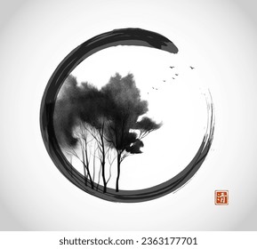 Misty black trees in black enso zen circle. Traditional oriental ink painting sumi-e, u-sin, go-hua. Translation of hieroglyph - clarity.