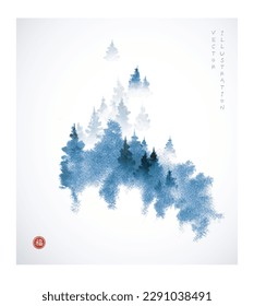 Misty blue mountain forest trees on white background. Traditional oriental ink painting sumi-e, u-sin, go-hua. Translation of hieroglyph - good luck.