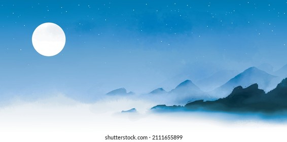 Misty Blue Seaside Mountains And Night Sky. Traditional Oriental Ink Painting Sumi-e, U-sin, Go-hua