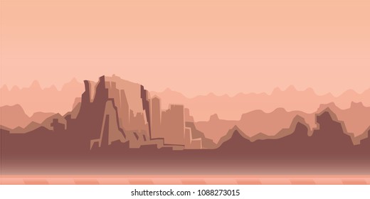Misty canyon morning landscape, beige tone. Vector illustration. Flat style. Horizontal