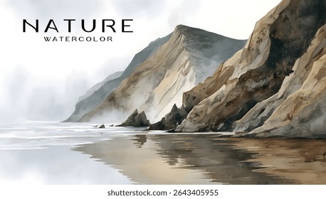 Misty coastal scene with dramatic cliffs and a calm sea.