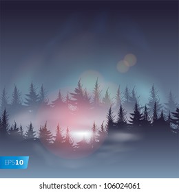 Misty coniferous forests, vector Eps10 illustration.