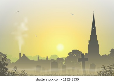 A Misty Country Landscape with Church Spire, Cemetery and Tombstones