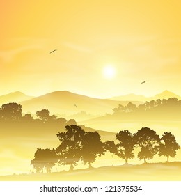 A Misty Countryside Landscape with Sunrise, Sunset