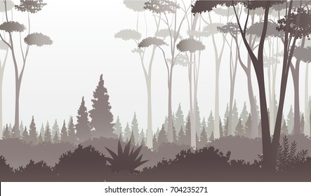 Misty Dark Forest Illustration with Trees, Pines, Bushes and Fog