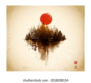 Misty forest and big red sun. Traditional oriental ink painting sumi-e, u-sin, go-hua on vintage background. Translation of hieroglyph - zen.