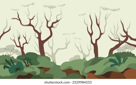 Misty forest landscape with bare trees. Fog in woodland, mysterious serene nature. Foggy wood, mist, leafless branches. Serene tranquil peaceful hazy scenery background. Flat vector illustration