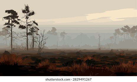 Misty Forest Landscape Illustration with Bare Trees and Marshland