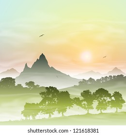A Misty Forest Landscape with Mountains and Sunset, Sunrise