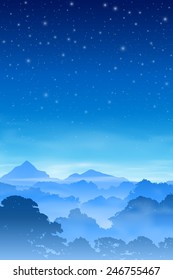 Eine Misty Forest Landschaft mit Bäumen und Nachtschwärme. Vektor EPS10.