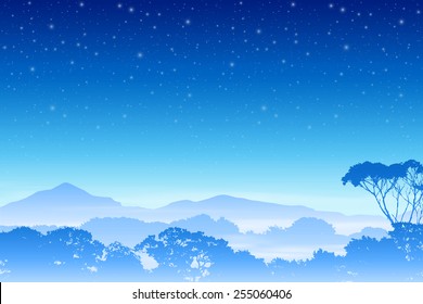 Paisaje forestal con árboles y cielo nocturno. EPS vectorial 10.