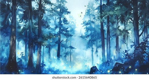 misty forest scene with glowing flora, Forest pathway between tall trees vector