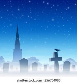 Misty Graveyard, Cemetery with Tombstones and Church Spire and Night Sky. Vector EPS 10.