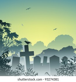 A Misty Graveyard, Cemetery with Tombstones and Crow