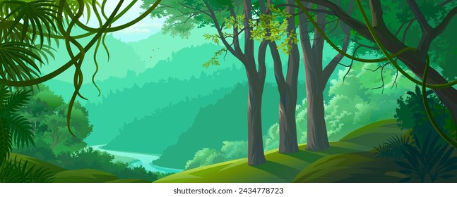 Misty green forest creepers, trees, mountains, rivers and grass fields.
