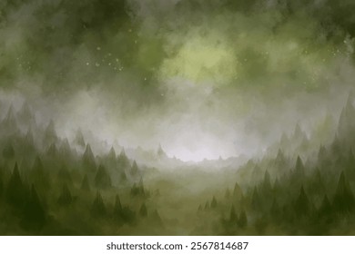 Misty green landscape, soft watercolor style, serene nature scene, atmospheric forest background, tranquil wilderness view.