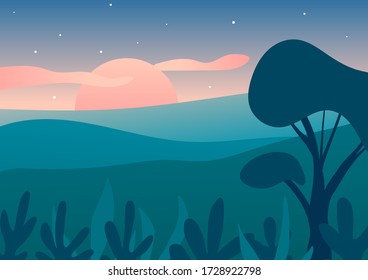 Misty hills sunrise with pastel pink, ocean blue, cyan. Cloudy cold palette morning with a tree and bushes. Vector 2d landscape illustration for game design, application, background. Editable, EPS 10.