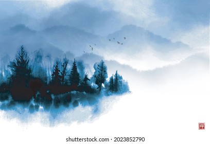 Misty island with forest trees and far mountains. Traditional oriental ink painting sumi-e, u-sin, go-hua. Translation of hieroglyph - zen.