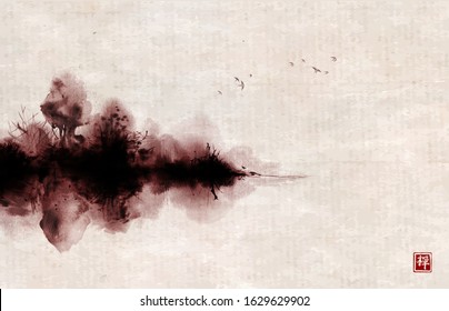 Misty island with forest trees reflecting in water and birds in the sky. Traditional oriental ink painting sumi-e, u-sin, go-hua on vintage rice paper background. Hieroglyph - zen. 
