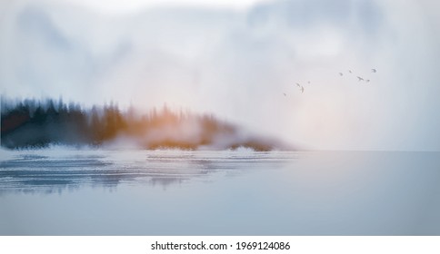 Misty island with forest trees reflecting in water. Traditional oriental ink painting sumi-e, u-sin, go-hua