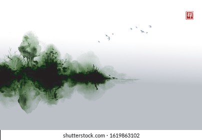 Misty island with green forest trees reflecting in water and birds in the sky. Traditional oriental ink painting sumi-e, u-sin, go-hua. Hieroglyph - zen.