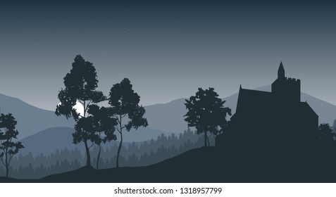 misty landscape of conirefous forest, mountain ridges and old castle silhouette on the front, vector illustration in cold blue colors, useful as background. 