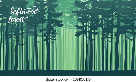 Paisaje macizo con bosque de abetos en estilo retro de época hipster. Suelo boscoso con el paisaje de las coníferas verde. Concepto de diseño de los wallapapers de páginas terrestres de plantillas