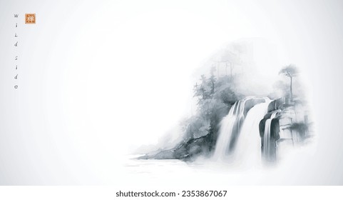 Misty landscape with a serene forest waterfall. Traditional oriental ink painting sumi-e, u-sin, go-hua. Translation of hieroglyph - well-being.