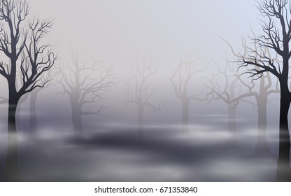 Misty landscape. Silhouettes of trees. Vector background with fog and trees. Mitic concept