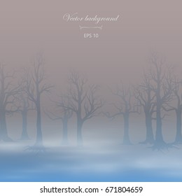 Misty landscape. Silhouettes of trees. Vector background with fog and trees.