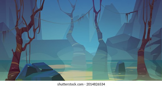 Misty landscape with swamp and mountains