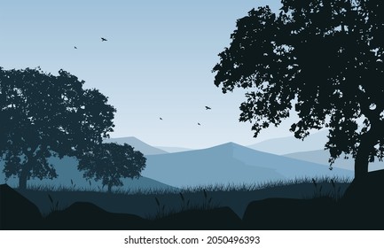 Misty morning atmosphere with beautiful mountain views from the edge of the city. Vector illustration of a city