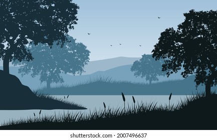 Misty morning atmosphere with a beautiful view of the mountains from the riverbank. Vector illustration of a city