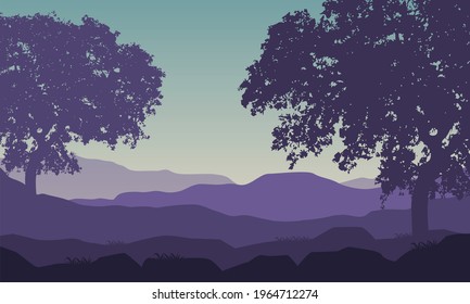 Misty morning in the countryside with beautiful natural scenery. Vector illustration of a city