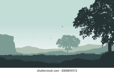 A misty morning with a fantastic view of the mountains and tree silhouettes from the suburb. Vector illustration of a city
