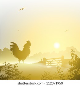 A Misty Morning Landscape with Cockerel, Rooster