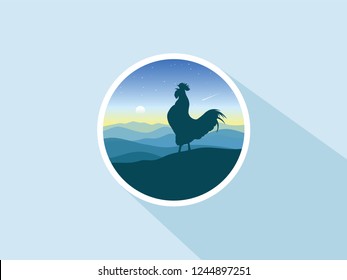 A Misty Morning Landscape with Cockerel. Rooster. Vector flat illustration.