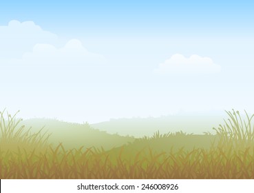 Misty Morning Vector Countryside landscape, with fields of grass 