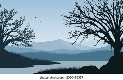 Misty morning with views of the mountains and the silhouette of dry trees that are stunning from the riverbank. Vector illustration of a city