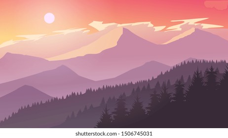 Misty Mountain Cliff Pine Tree Forest Nature Landscape at Afternoon, Dusk, Sunrise, Sunset