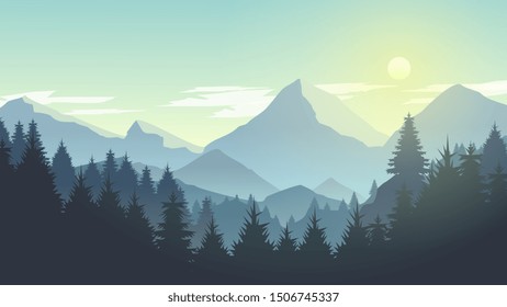 Misty Mountain Cliff Pine Tree Forest Nature Landscape at Morning, Noon, Daylight