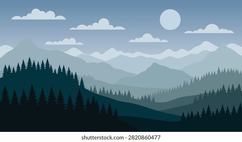 Misty Mountain Forest Landscape Vector Nature Background with Pine Trees