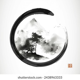 Misty mountain with forest trees in black enso zen circle. Traditional Japanese ink wash painting sumi-e. Hieroglyph - clarity.